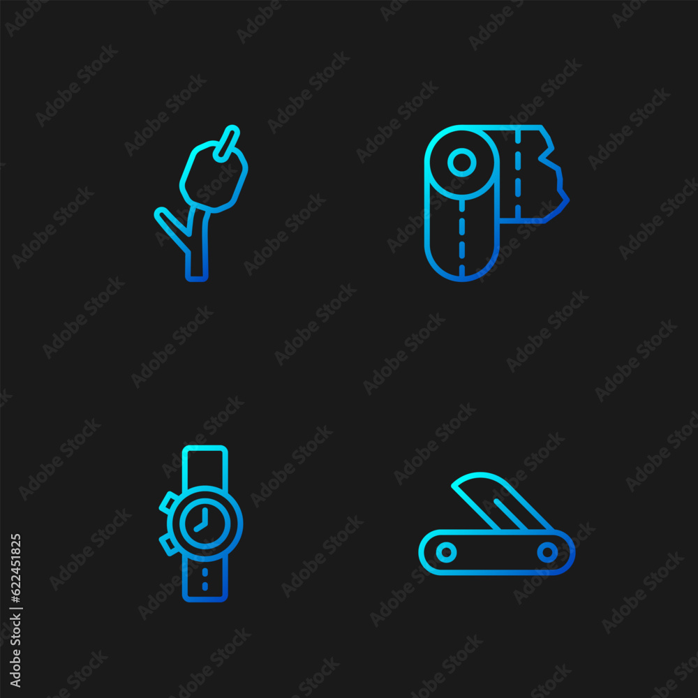 Wall mural set line swiss army knife, wrist watch, marshmallow on stick and paper towel roll. gradient color ic