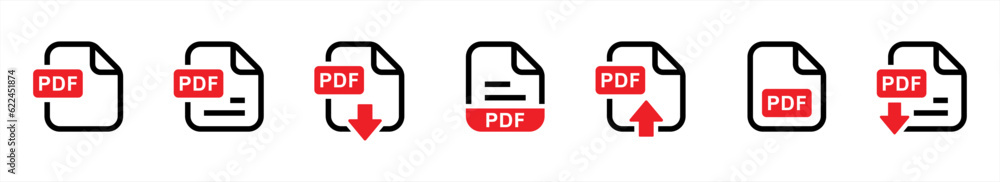 Aufkleber pdf file format icon set in line style. format information, document text, pdf file download, simple