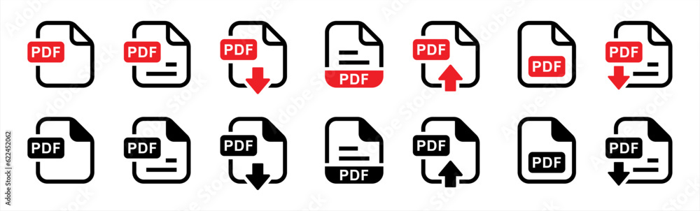 Poster pdf file format icon set in line style. format information, document text, pdf file download, simple