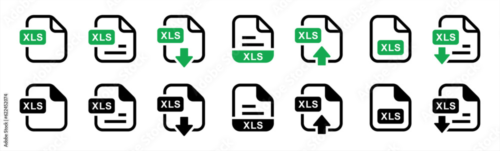 Poster xls file format icon set in line style. format information, document text, xls file download, text d