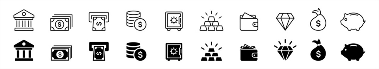Finance icon set in line style. Business, money, Wallet with card, coins, Piggy bank simple black style symbol sign for apps and website, vector illustration.