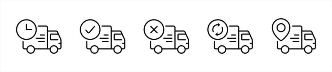 Delivery service icon set in line style. Logistic trucking, Express delivery trucks, Fast shipping truck, delivery 24 hours simple black style symbol sign for apps and website, vector illustration. © Evolvect