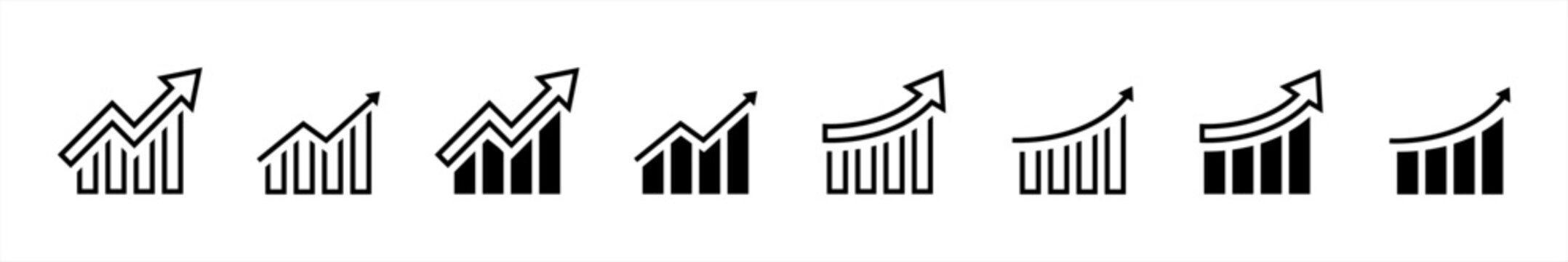 Growing graph icon set in line style. Business chart with arrow, Growths chart, Profit growing, Growth success, Chart increase simple black style symbol sign for apps and website, vector illustration.