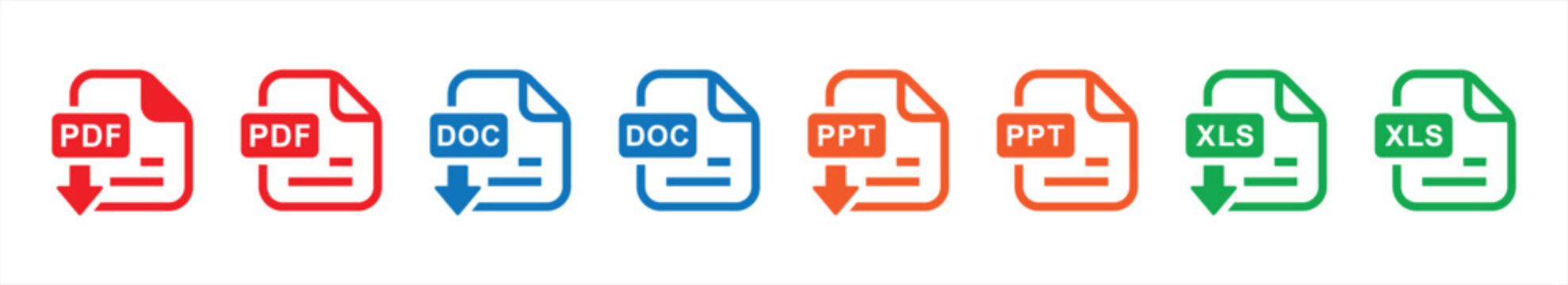 Document file type format icon set in line style. File format extensions simple color style symbol sign for apps and website, vector illustration.
