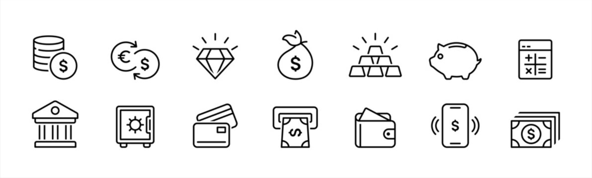 Finance icon set in line style. Business, money, Wallet with card, payment, coins, Piggy bank simple black style symbol sign for apps and website, vector illustration.