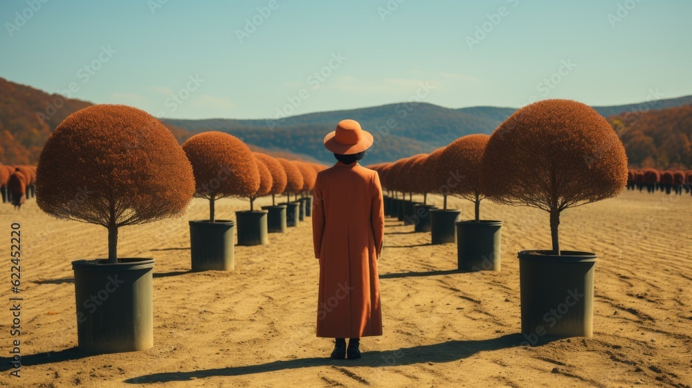 Poster A person standing in a field with trees. Generative AI image.