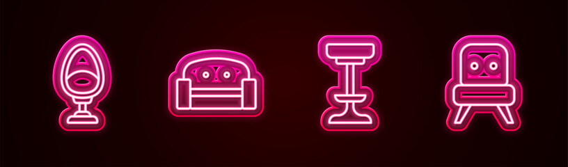 Set line Armchair, Chair and . Glowing neon icon. Vector