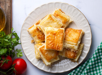 Delicious Turkish Tray pastry, Su boregi with cheese. Adana borek.