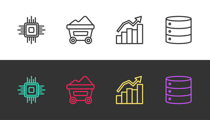 Set line Processor CPU, Coal mine trolley, Financial growth and Server on black and white. Vector
