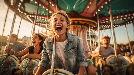 Obraz premium A group of friends enjoying a thrilling ride on a traditional Oktoberfest carousel, their laughter echoing through the air Generative AI