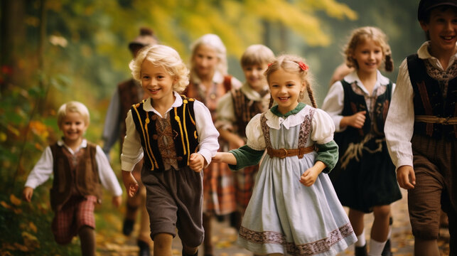 A charming scene of children dressed in traditional Bavarian attire, participating in Oktoberfest activities and games Generative AI