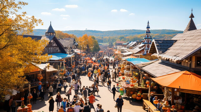 A bustling marketplace at Oktoberfest, offering a wide array of traditional crafts, souvenirs, and treats Generative AI