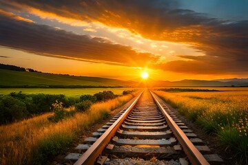 railway in the sunset generated by AI technology 