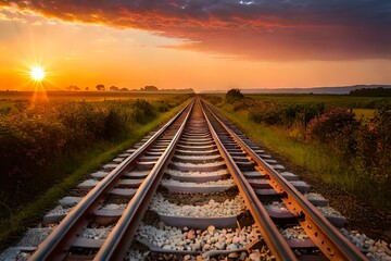 railroad tracks in the sunset generated by AI technology 