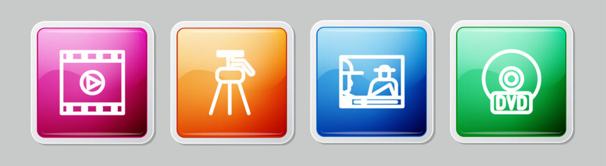 Set line Play Video, Tripod, Online play video and CD or DVD disk. Colorful square button. Vector