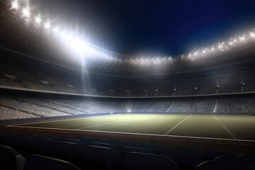 Fototapeta na wymiar Composition of empty sports stadium with glowing spotlights, AI