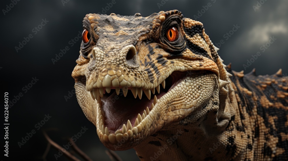 Poster a close up of ancient reptile with its mouth open. generative ai image.