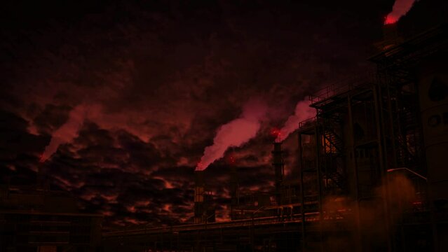 rock-oil or thermal power station at night - heavy industrial facility, fictional - loop video