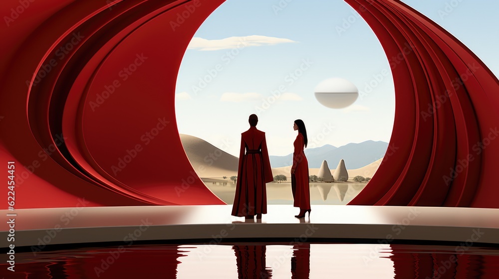 Poster a couple of people standing in front of a red object. generative ai image.