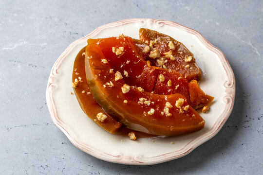Traditional delicious Turkish cuisine; Pumpkin dessert or jam (Turkish name; Kirecte kabak receli or kabak tatlisi)