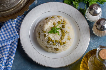 Traditional delicious Turkish foods; pea rice (Turkish name; Bezelyeli pilav)