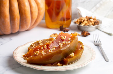 Traditional delicious Turkish cuisine; Pumpkin dessert or jam (Turkish name; Kirecte kabak receli or kabak tatlisi)