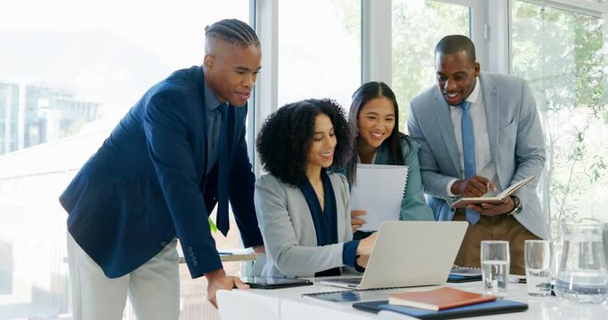 Planning, laptop and business people in meeting collaboration, brainstorming and website launch ideas. Discussion, design and news or feedback of corporate manager, women or men teamwork and computer