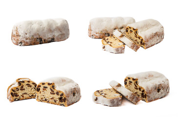 Christmas stollen. Christmas cake isolated on white background.Traditional Christmas festive pastry dessert. Stollen for Christmas. Design. Collage