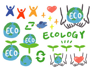 エコ・エコロジー・自然・環境保護に関する手描き風イラスト背セット