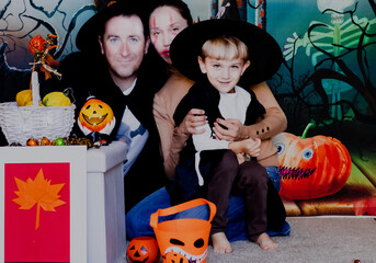 halloween, autunno, decorazione, famiglia, festa, zucca, madre, padre, bambino