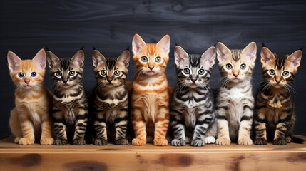 Seven Bangle and Tabby kittens sitting in a row