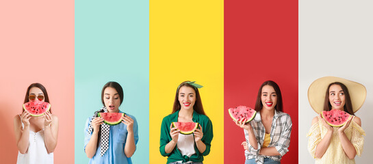Set of beautiful young woman with slices of fresh watermelon on color background