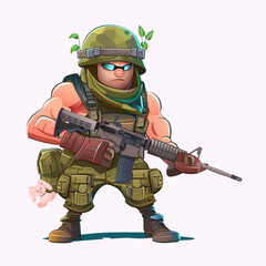 A comic character in the form of a soldier armed with a machine gun and with a toy rabbit hanging from his duffel bag