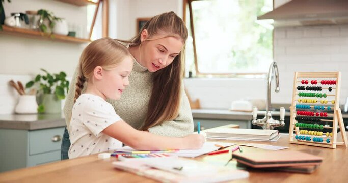 Teach, drawing and girl with tutor for lesson in home or education development or help. Woman, support and kid is learning or creative work or knowledge and notebook at kitchen table for child.