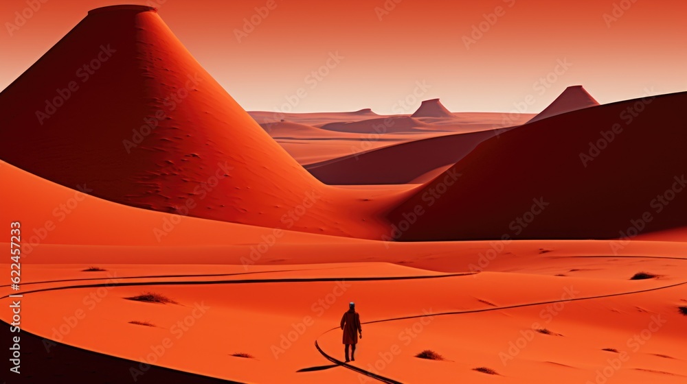 Poster a person walking through a desert with a mountain in the background. generative ai image.