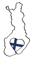 Umriss von Finnland mit Herz in der Landesflagge