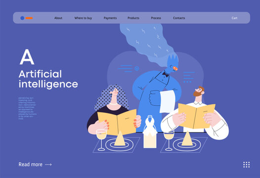 Artificial intelligence, Waiter -modern flat vector concept illustration of waiter AI taking order, giving advice on choosing in restaurant. Metaphor of AI advantage, superiority and dominance concept