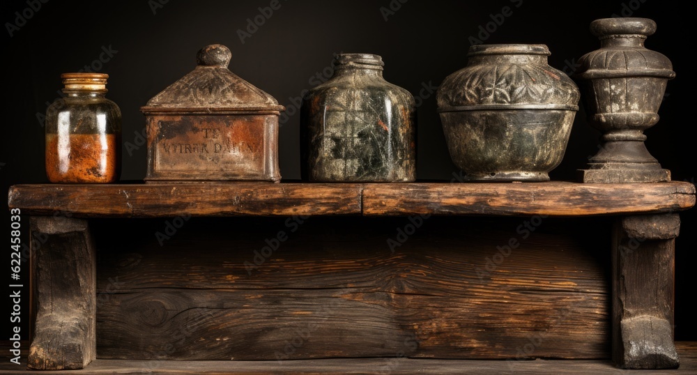 Aufkleber a wooden table topped with jars and jars. generative ai image.
