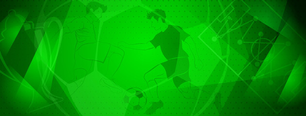 Fototapeta na wymiar Abstract soccer background with a football players kicking the ball and other sport symbols in green colors