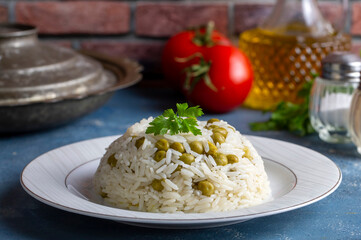 Traditional delicious Turkish foods; pea rice (Turkish name; Bezelyeli pilav)