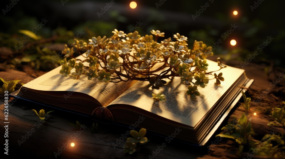 Poster an open book with a crown of flowers on top of it. generative ai image.