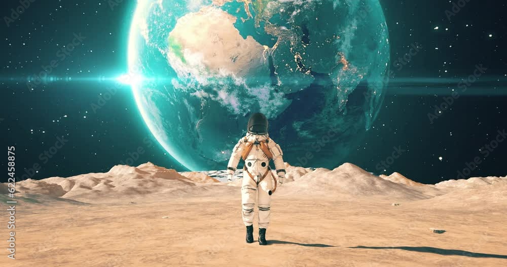 Poster male astronaut walking on a planet surface. making first steps. mars colonization concept. space rel