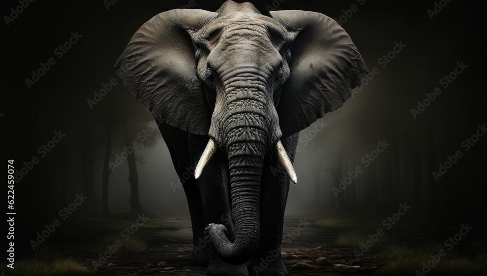 Poster an elephant with tusks walking through a dark forest. generative ai image.