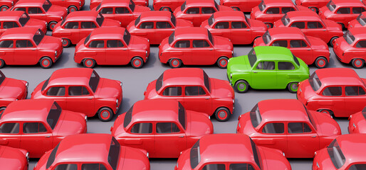 Green car goes going in the opposite direction. Think differently and be different concept. 3d render