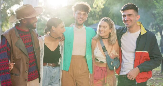 Young people, friends and happiness outdoor, festival and social gathering with event and bonding together. Students, men and women, diversity and spending quality time, fun and freedom with reunion