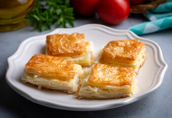 Delicious Turkish Tray pastry, Su boregi with cheese. Adana borek.