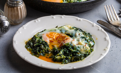 Turkish Food Spinach with Egg. Turkish name; ispanakli yumurta