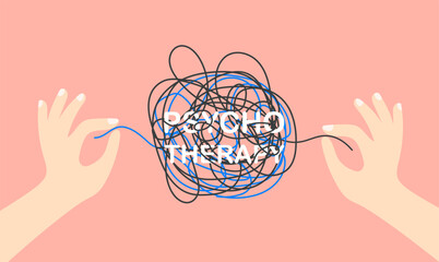 Abstract metaphor of psychotherapy. Psychologist hands untangling tangled thoughts. Chaos in the mind. Vector concept of solving difficult situation.