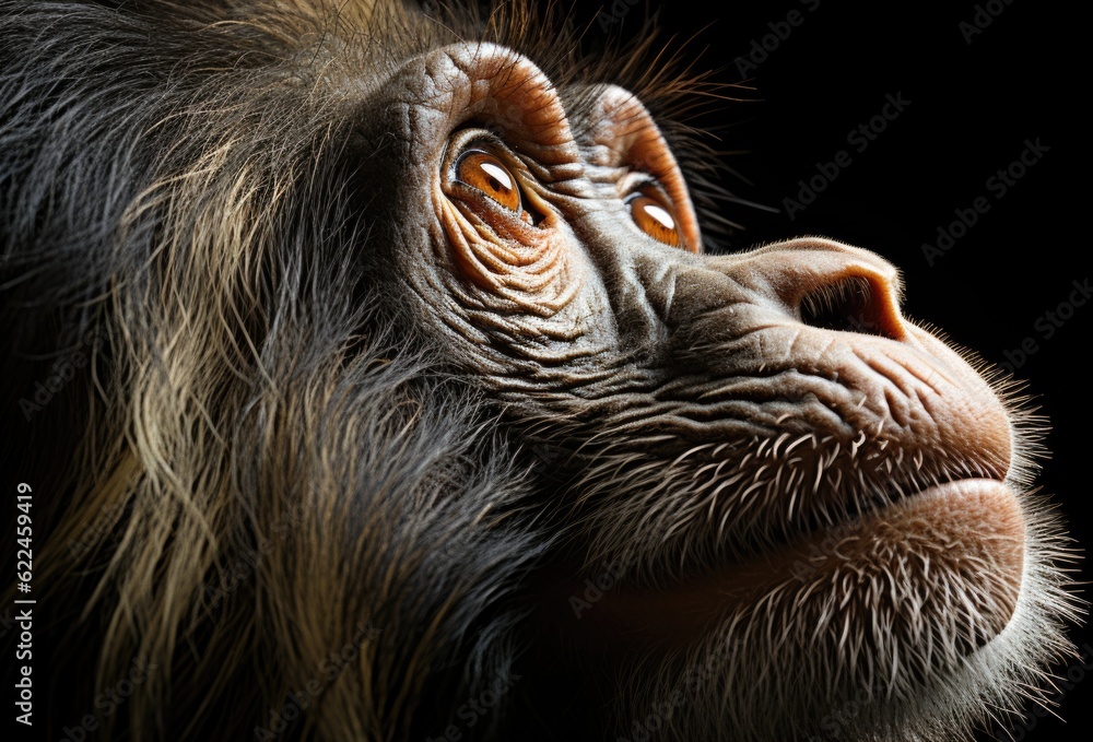 Poster a close up of a monkey's face on a black background. generative ai image.