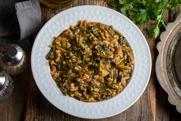 Traditional Turkish cuisine; Spinach with rice, spinach soup. Turkish name; pirincli ispanak yemegi, ispanak corbasi
